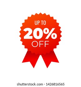 Red award medals symbol on white background, up to 20 percent off - Vector Illustration