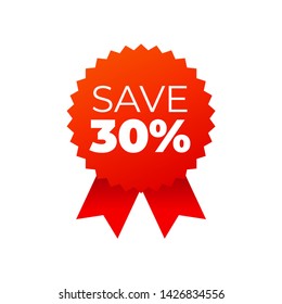 Red award medals symbol on white background, save 30 percent - Vector Illustration