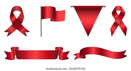 Red award ribbon banners for text. Ribbon loop, flag. Blank Red award Ribbon Collection Pack Template. Collection of Different Empty Red Ribbon and Label Design. Various shapes