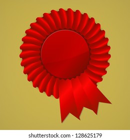 Red award ribbon rosette on gold background, vector illustration
