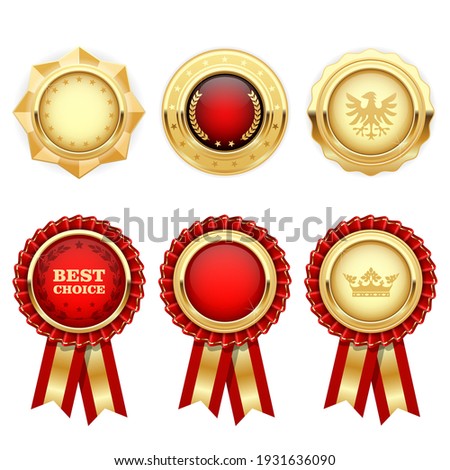 Red award rosettes and gold heraldic medals, prize insignia with red ribbon, vector