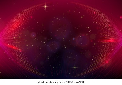 Red award vector background with wave lines on the sides and golden glitter particles. Magic night starry pattern.