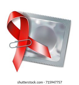 Red awareness ribbon with condom on white background. Safe sex concept. Symbol of world contraception day or world AIDS day