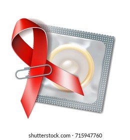 Red awareness ribbon with condom on white background. Safe sex concept. Symbol of world contraception day or world AIDS day