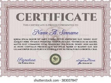 Red Awesome Certificate template. Award. Money Pattern. With great quality guilloche pattern. 