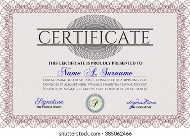 Red Awesome Certificate template. Award. Money Pattern. With great quality guilloche pattern. 