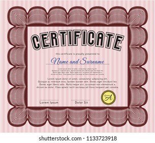 Red Awesome Certificate template. With complex linear background. Detailed. Good design. 