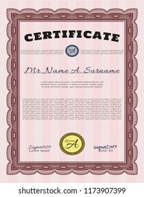 Red Awesome Certificate template. With complex background. Excellent design. Vector illustration. 