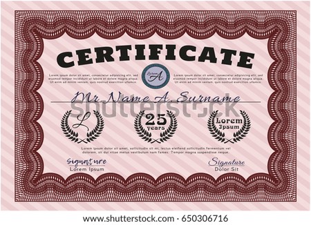 Red Awesome Certificate template. Cordial design. With guilloche pattern and background. Vector illustration. 