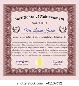 Red Awesome Certificate template. Elegant design. With great quality guilloche pattern. Vector illustration. 