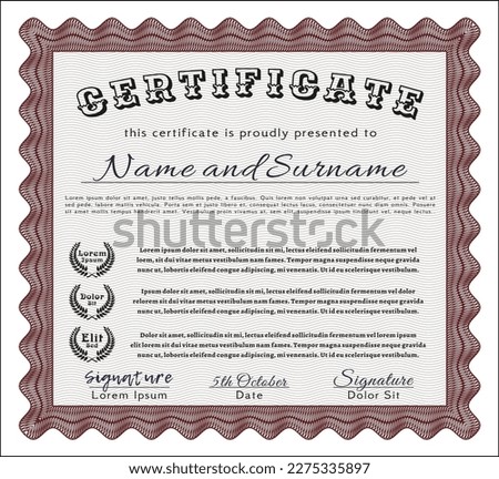 Red Awesome Certificate template.  Elegant design.  With guilloche pattern and background.  Detailed. 