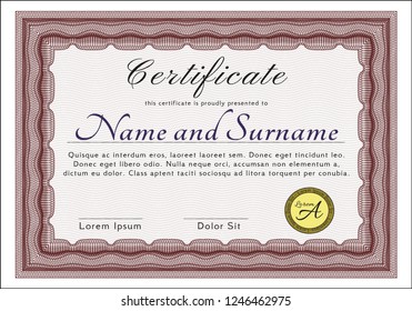 Red Awesome Certificate template. Excellent design. Easy to print. Vector illustration. 