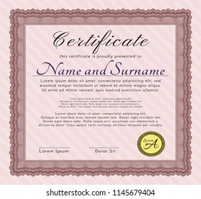 Red Awesome Certificate template. With guilloche pattern. Vector illustration. Lovely design. 