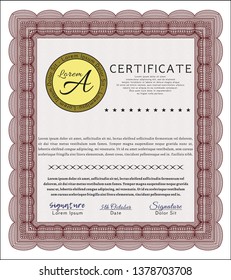 Red Awesome Certificate template. With guilloche pattern. Good design. Detailed. 