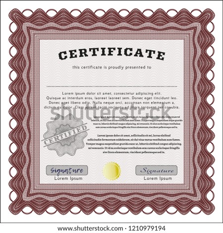 Red Awesome Certificate template. Lovely design. With guilloche pattern and background. Vector illustration. 