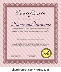 Red Awesome Certificate template. With quality background. Cordial design. Vector illustration. 