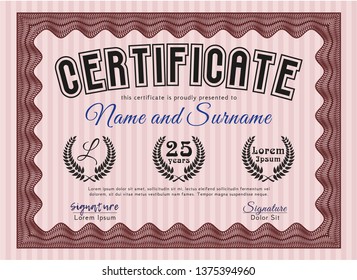 Red Awesome Certificate template. Vector illustration. With guilloche pattern. Modern design. 