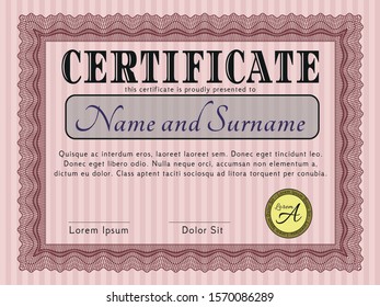 Red Awesome Certificate template. Vector illustration. With guilloche pattern and background. Beauty design. 