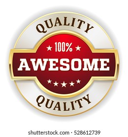 Red awesome quality badge / button with gold border on white background