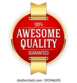 Red awesome quality badge / button with gold border and ribbon