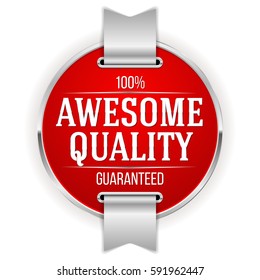 Red awesome quality badge / button with silver border and ribbon
