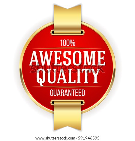 Red awesome quality badge / button with gold border and ribbon