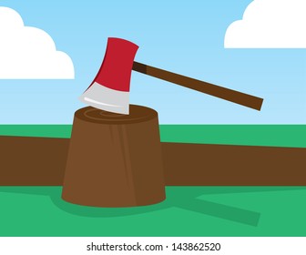 Red ax stuck in stump  