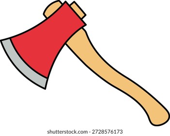 Red axe with light brown handle on white background simple tool chopping