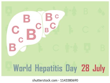 Red B and C hepatitis virus on white Human liver with the days and name of "World Hepatitis Day" campaign on cause of hepatitis disease icon pattern and lights green background. All in vector design.