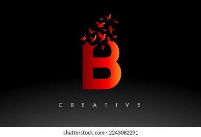 Red B Logo Letter with Flying Flock of Birds Disintegrating from the Letter. Bird Fly Letter Icon.