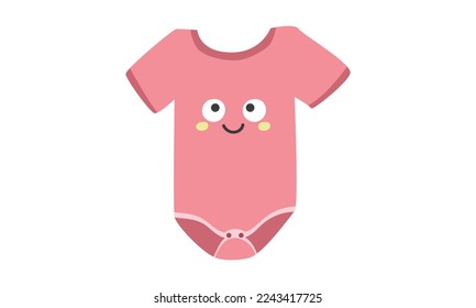 Red baby bodysuit clipart. Simple cute baby bodysuit with kawaii face design flat vector illustration. Baby bodysuit, body children, baby shirt, romper, clothes for newborns cartoon drawing