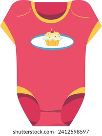 Red baby bodysuit with yellow trim and cupcake design. Cute infant clothing item vector illustration.