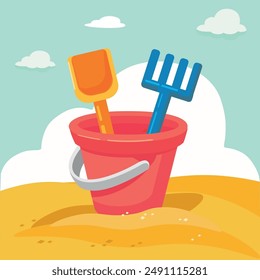 Red baby bucket with shovel and rake in the sandbox  vector illustration  flat  design element