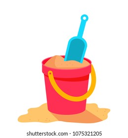 Red baby bucket with shovel and sand. concept of children's beach summer vacation. flat vector illustration isolated on white background