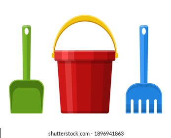 Red baby bucket, spade and rake isolated on white background. Toys set for children sandbox and playground, little bucket and shovel. Vector illustration