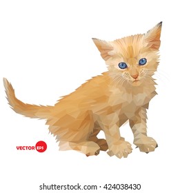 Red baby cat, little kitten vector illustration silhouette on the white background isolated, made in triangle polygons style. 