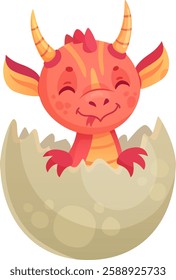 Red baby dragon with vibrant scales, horns, and wings hatching from its egg, eyes closed and wearing a joyful smile, isolated against a clean white background