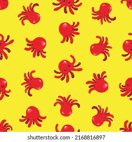 Red Baby Octopuses Swimming with Yellow Background, Japanese Cuisine Illustration, Cute and Funny Sea Wildlife Background for Children, Sea Animals Seamless Pattern, Cartoon Octopuses Vector