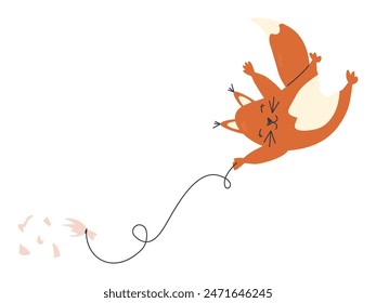 Red baby rodent animal flying with balloons. Fluffy squirrel cartoon character. Nordic childish graphic print design. Funny wild creature. Nursery hand drawn flat vector illustration isolated on white