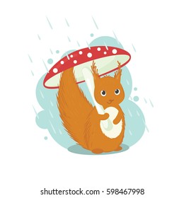 Red baby squirrel with a red spotted amanita mushroom umbrella protecting her from the rain, single composition in a light blue frame on a white background. Vector illustration.