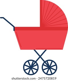 Red baby stroller graphic isolated white background. Modern pram design, simple flat style illustration. Baby carriage vector parenting, infant transport