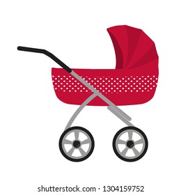 Red baby stroller, isolated on a white background. Vector illustration.