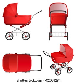 Red baby stroller, vector illustration on white background. Top view, side view, front view and general view.