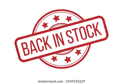 Red BACK IN STOCK Rubber Stamp Seal Vector illustration isolated on white background