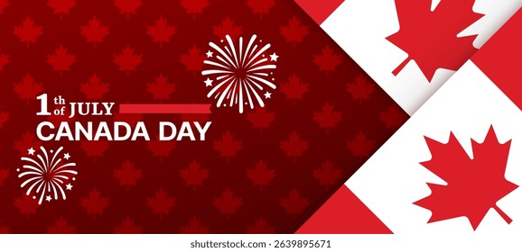 Red background with 1st of July Canada Day text. Celebration banner with fireworks and flag elements. Graphic for national holiday. Vector graphics.