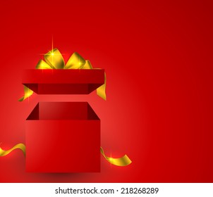 Red background with 3d realistic gift box and golden bow. Vector illustration.