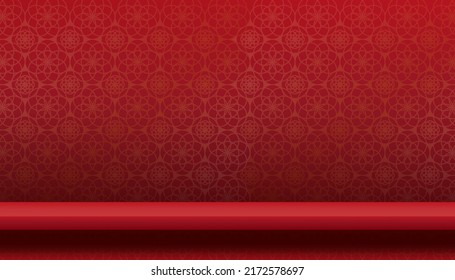 Red Background 3d Studio room with shelf on red lunar wallpaper background,Vector minimal design Mid Autumn Festival with Asian Art Style for backdrop shooting, product presentation,Chinese New Year