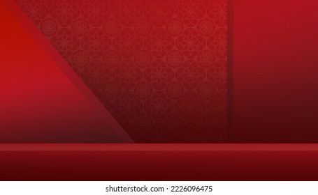 Red Background 3d Studio room with shelf on red lunar wallpaper background,Vector minimal design Mid Autumn Festival with Asian Art Style for backdrop shooting, product presentation,Chinese New Year