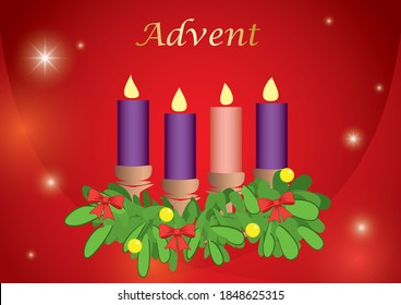 red background with 4 advent candles - vector illustration