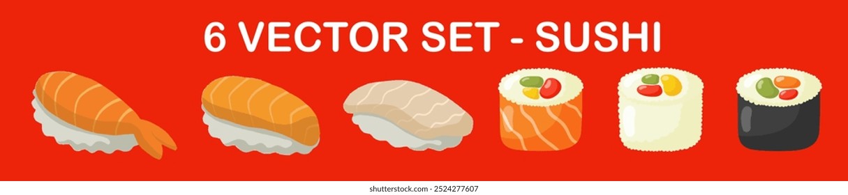 A red background with a 6-vector set of sushi. The sushi includes a variety of different types of sushi, such as salmon, tuna, and avocado. The sushi is arranged in a visually appealing way